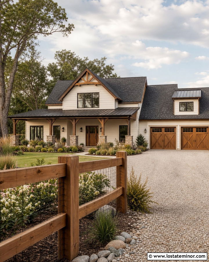 White Rustic House With Post And Rail Fence - 30 White House Design With Fence Ideas