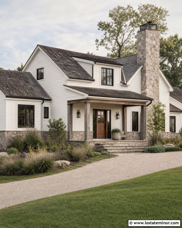 White Rustic House With Whitewashed Stone - 30 White House Design With Stone Accents Ideas