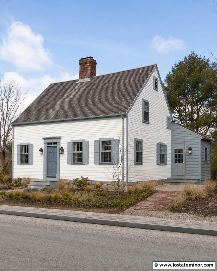 White Saltbox House With Blue Gray Trim - 30 White House Design With Trim Ideas