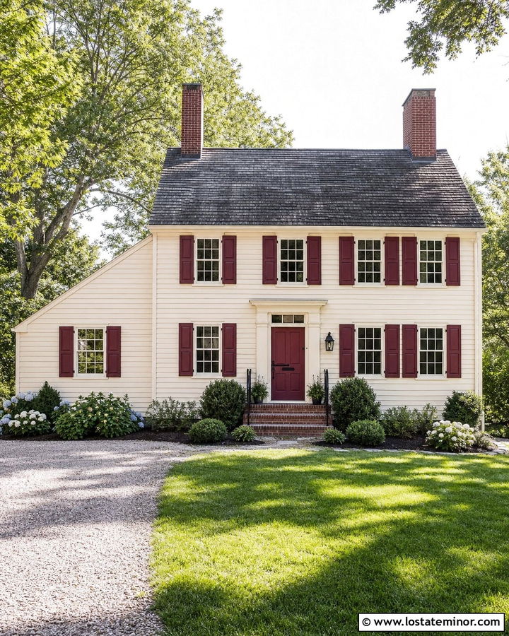 White Saltbox House With Burgundy Shutters - 30 White House Design With Shutters Ideas