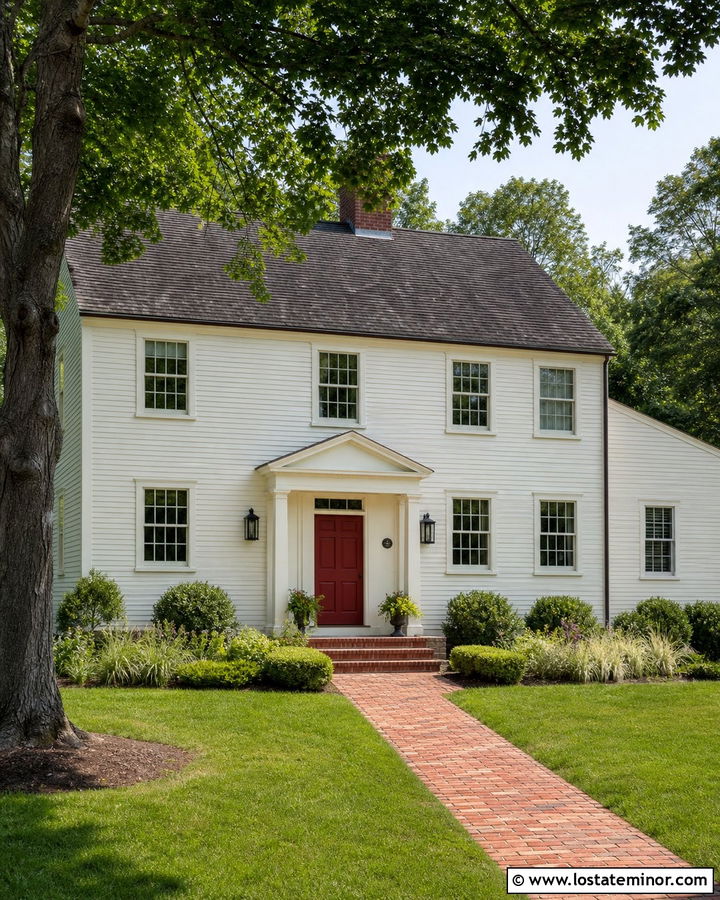 White Saltbox House With Simple Portico - 30 White House Design With Portico Ideas