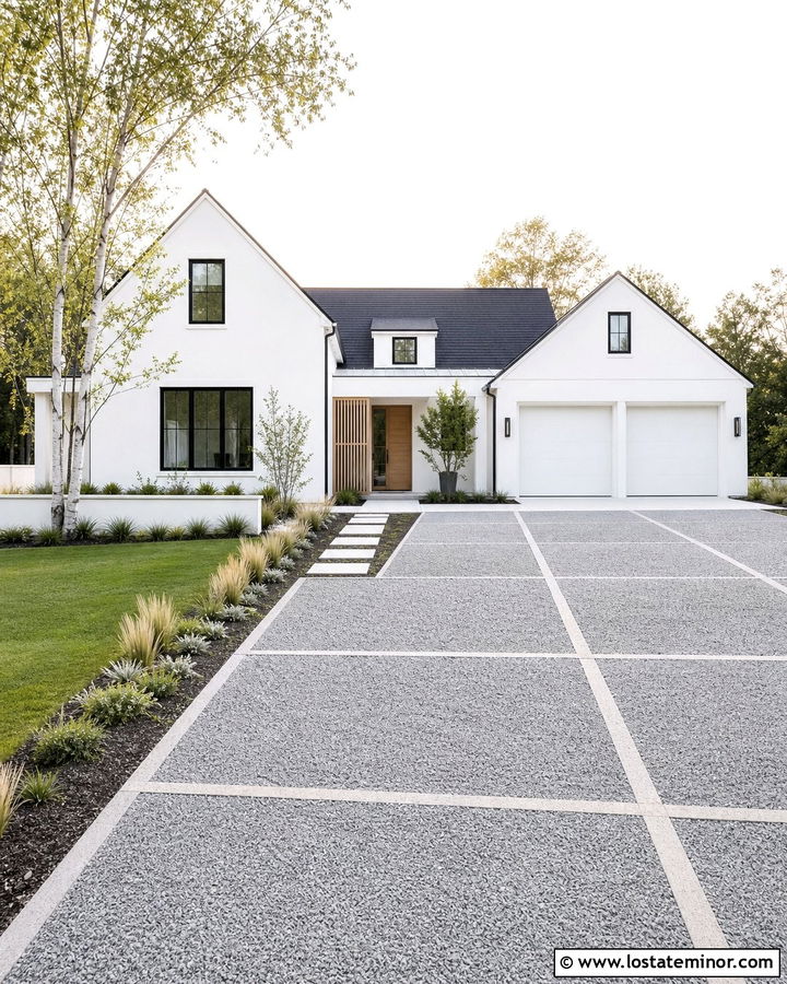 White Scandinavian House With Gravel Grid Driveway - 30 White House Design With Driveway Ideas
