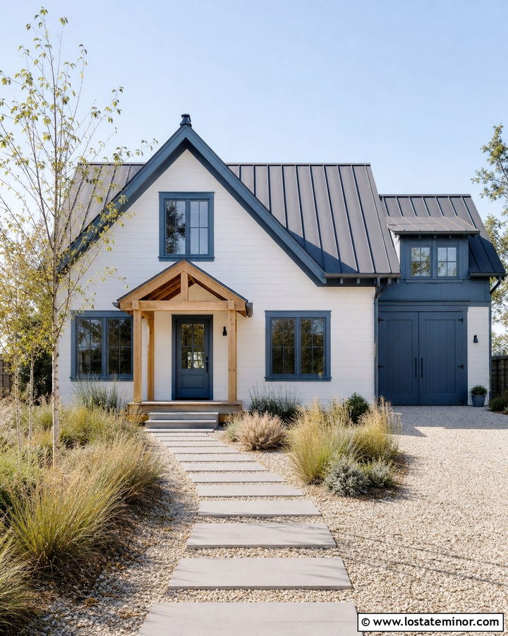 White Scandinavian House With Gray Blue Trim - 30 White House Design With Trim Ideas