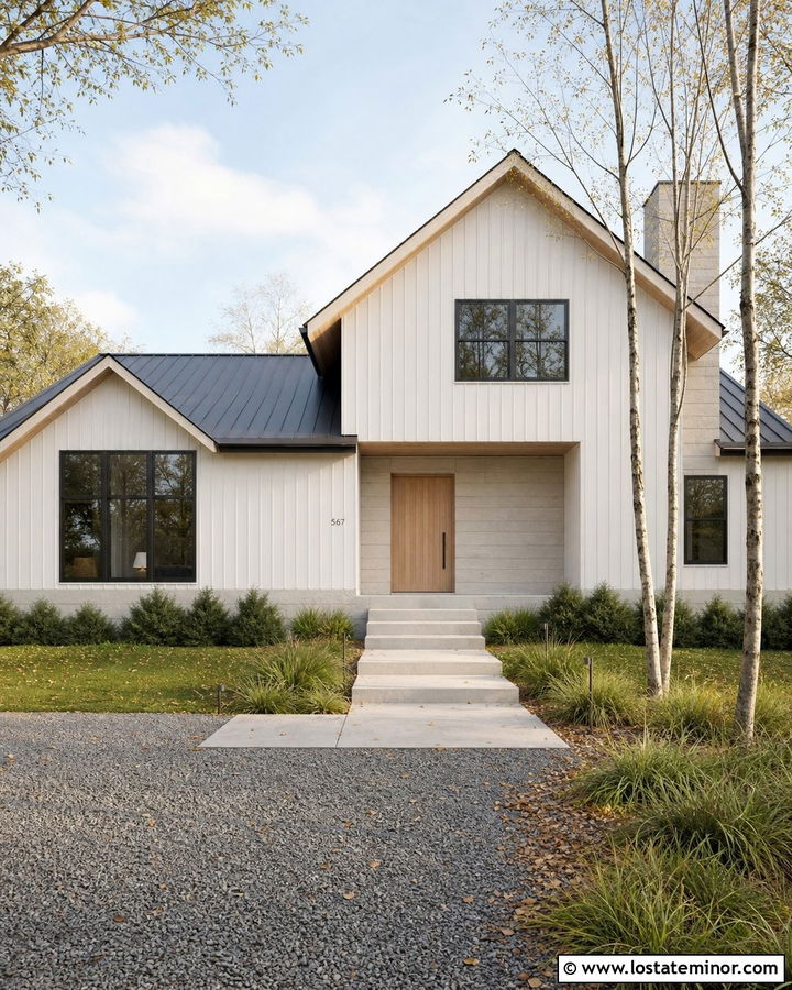 White Scandinavian House With Light Gray Stone - 30 White House Design With Stone Accents Ideas
