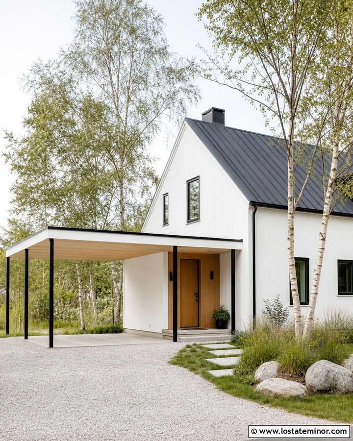 White Scandinavian House With Minimal Carport - 30 White House Design With Carport Ideas