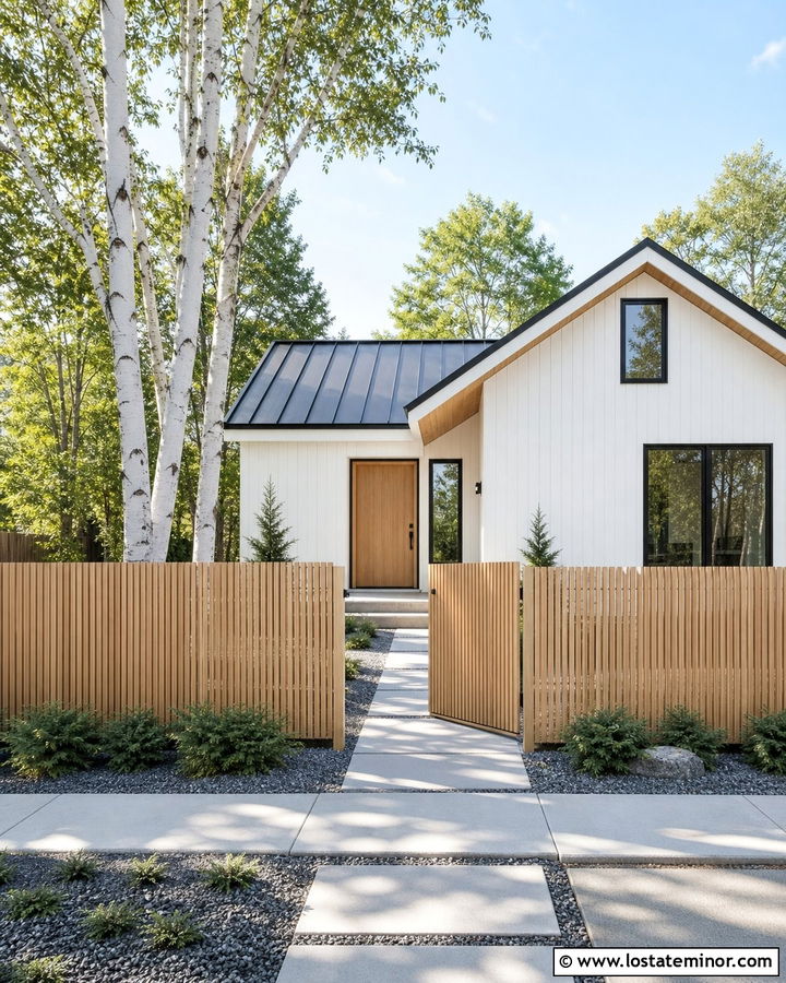 White Scandinavian House With Pale Wood Fence - 30 White House Design With Fence Ideas