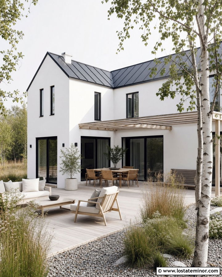 White Scandinavian House With Wood Backyard Terrace - 30 White House Design With Backyard Ideas