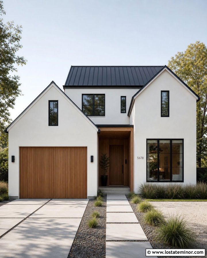 White Scandinavian House With Wood Slat Garage Door - 30 White House Design With Garage Door Ideas