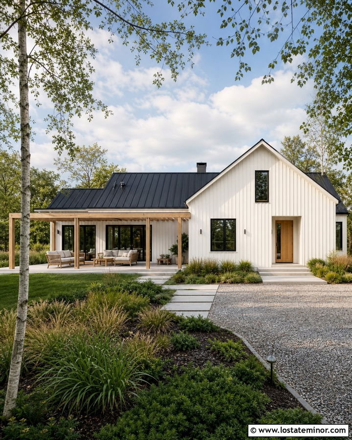 White Scandivanian House With Minimal Pergola - 30 White House Design With Pergola Ideas