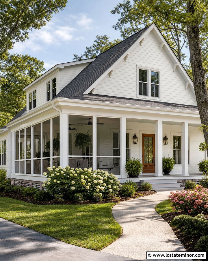 White Screened Porch With Pale Blue Beadboard Ceiling - 30 White House Design With Porch Ceiling Ideas