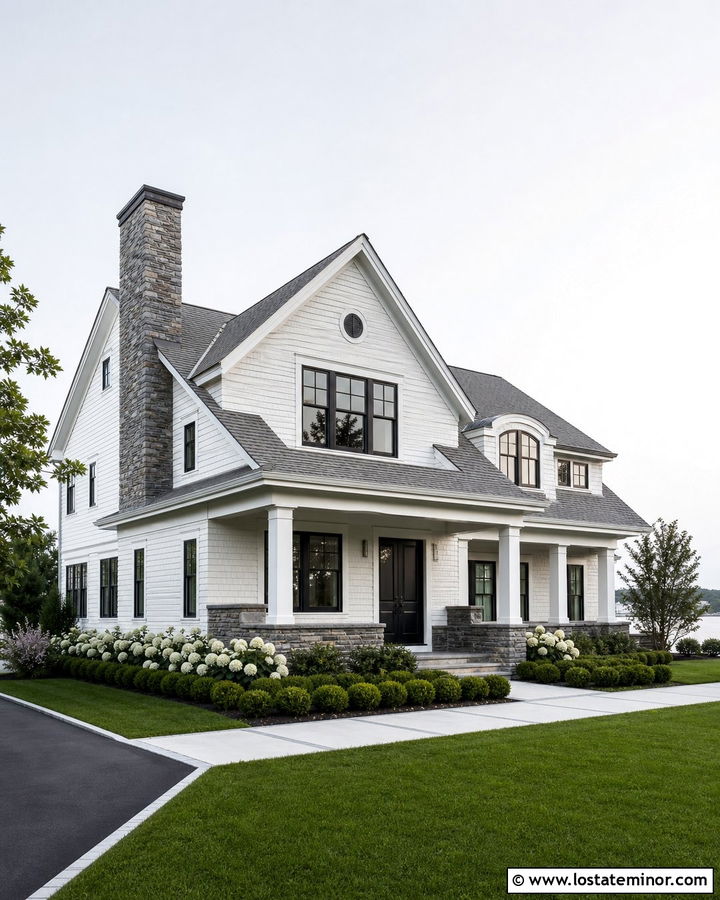 White Shingle House With Gray Stone - 30 Stone House Design With Shingles Ideas