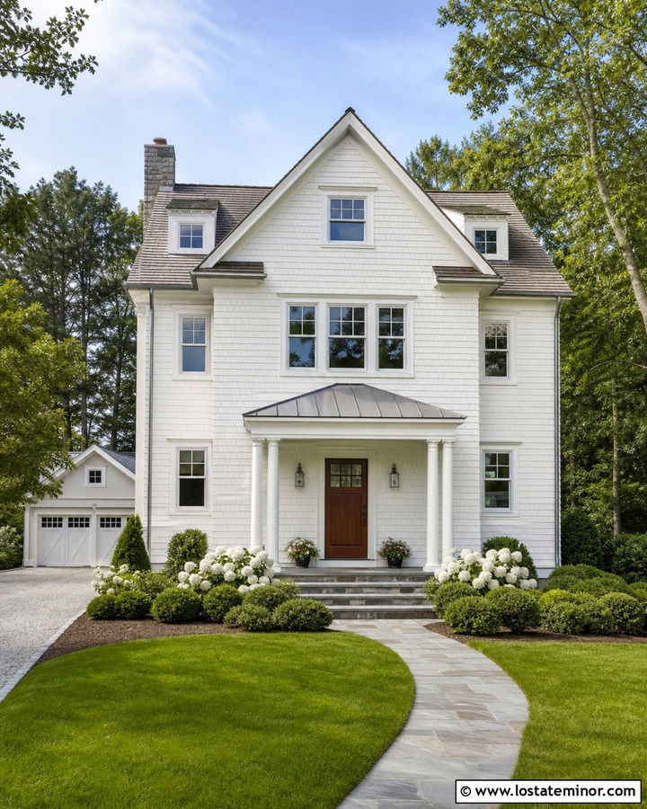 White Shingle House With Metal Roof Portico - 30 White House Design With Portico Ideas