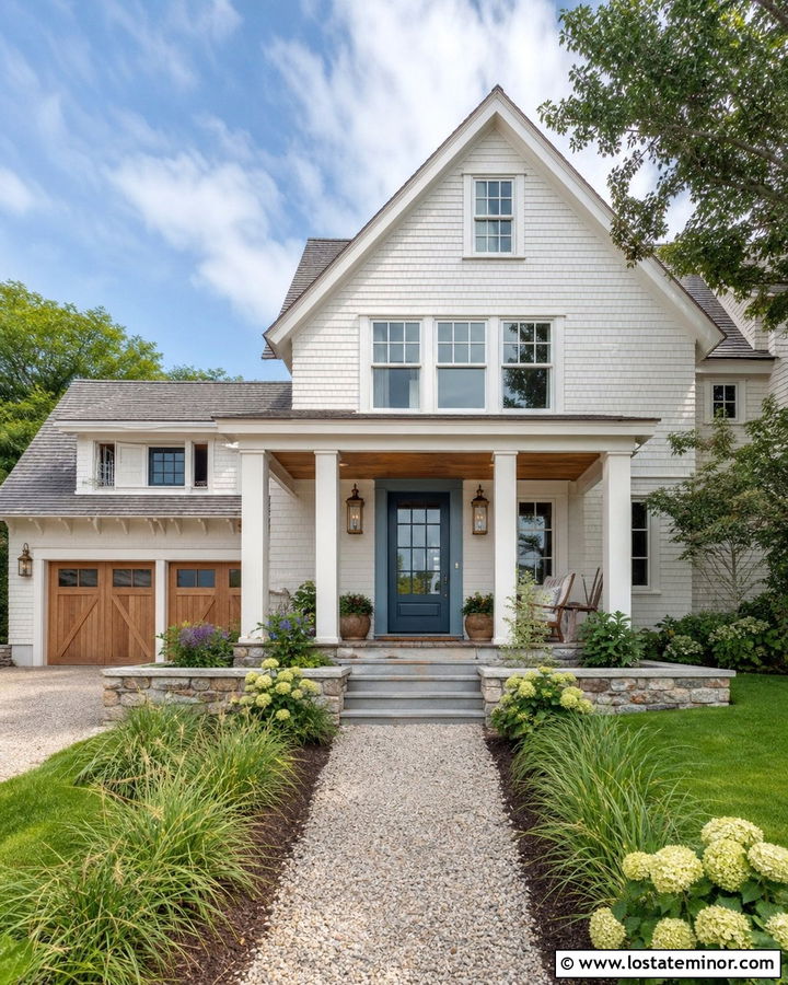 White Shingle House With Weathered Brass Lights - 30 White House Design With Light Fixtures Ideas