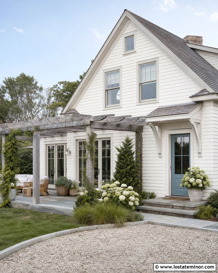 White Shingle House With Weathered Pergola - 30 White House Design With Pergola Ideas