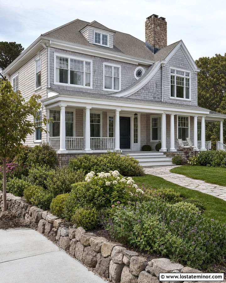 White Shingle Style House With Gray Cedar Siding - 30 White House Design With Shingles Ideas