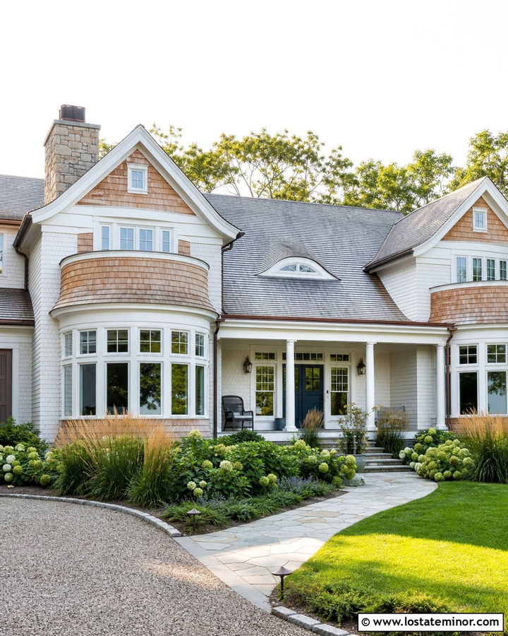 White Shingle Style House With Natural Cedar - 30 White House Design With Cedar Shake Ideas