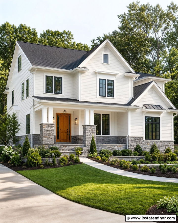 White Siding And Gray Stone House - 30 Stone House Design With Siding Ideas