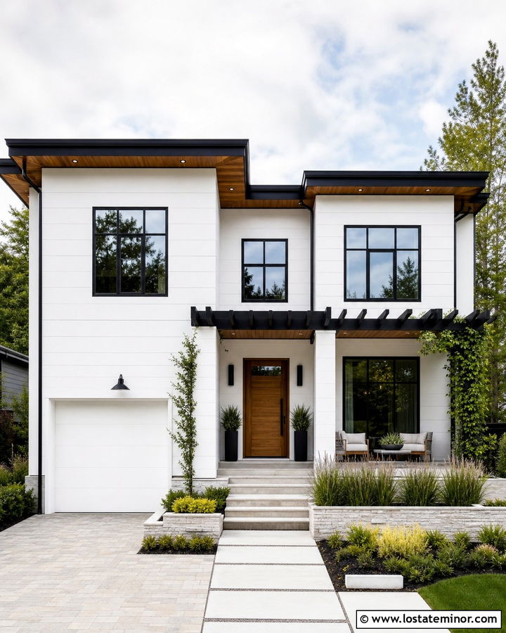 White Siding With A Black Pergola - 30 White House Design With Siding Ideas
