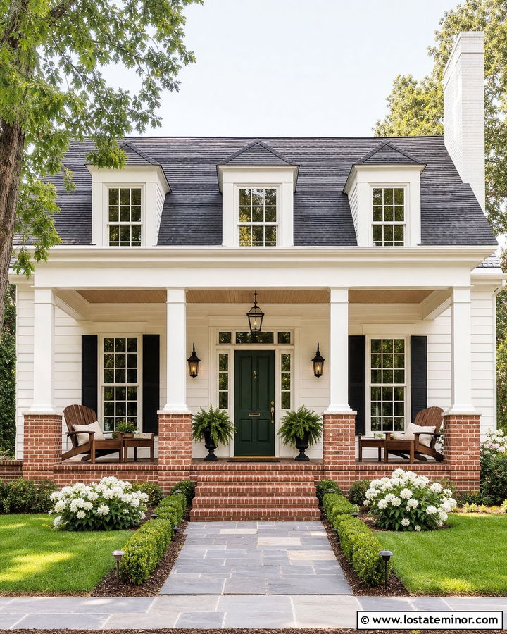 White Siding With A Brick Porch - 30 White House Design With Siding Ideas
