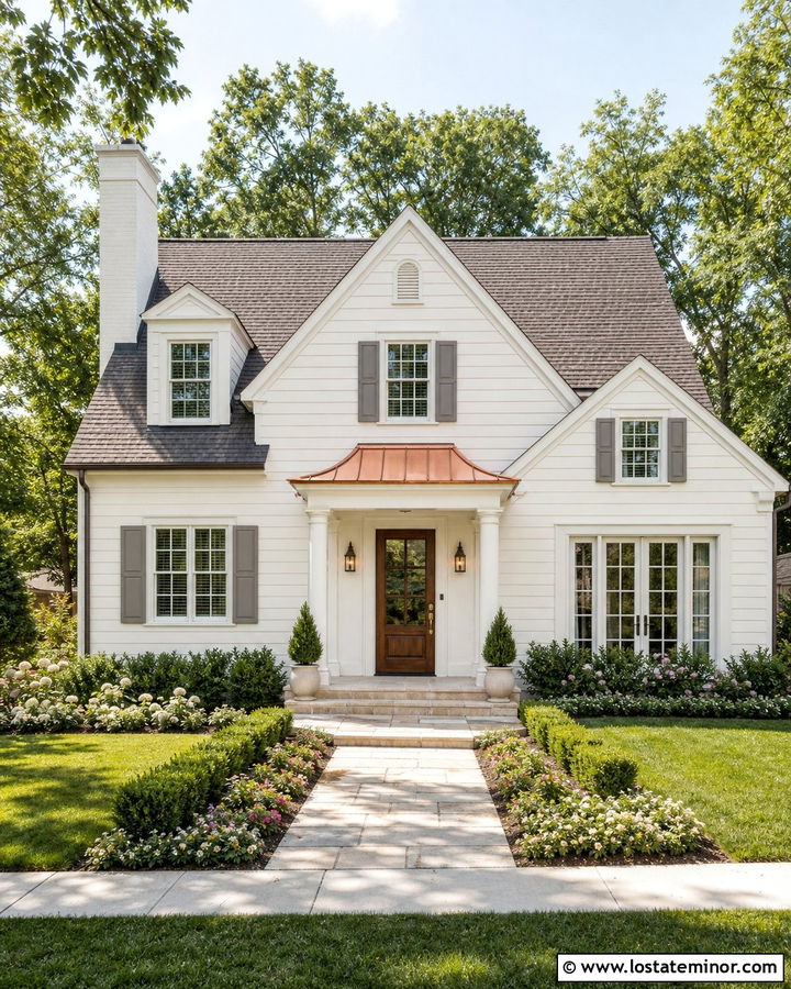White Siding With A Copper Roof Accent - 30 White House Design With Siding Ideas
