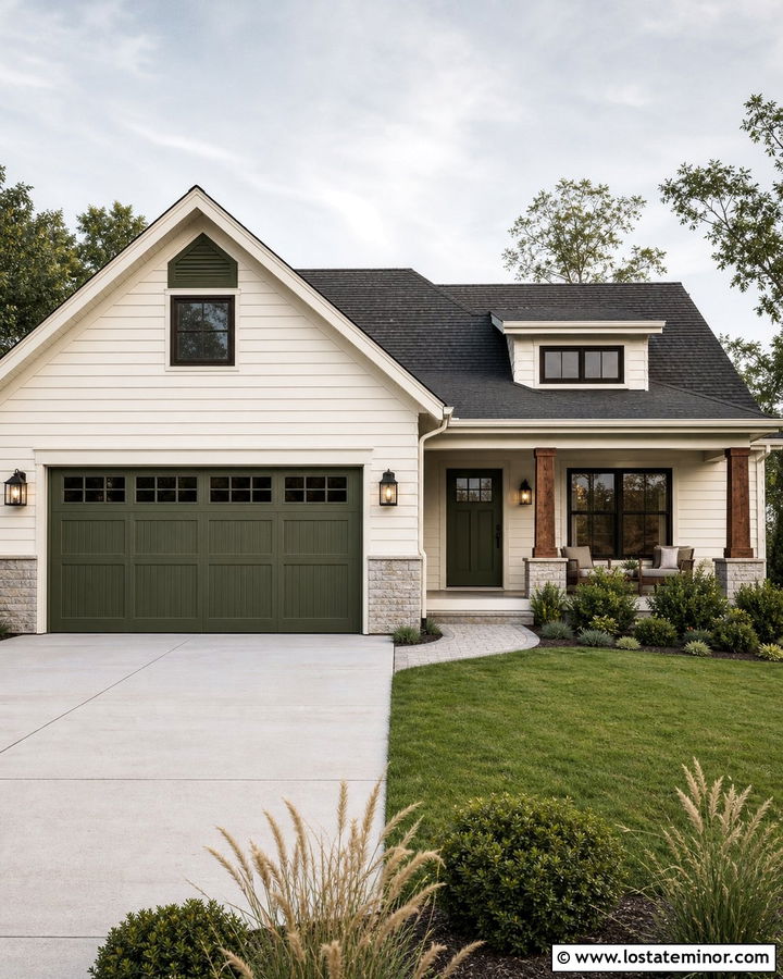 White Siding With A Dark Green Garage Door - 30 White House Design With Siding Ideas