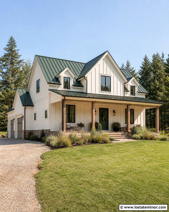 White Siding With A Green Metal Roof - 30 White House Design With Siding Ideas