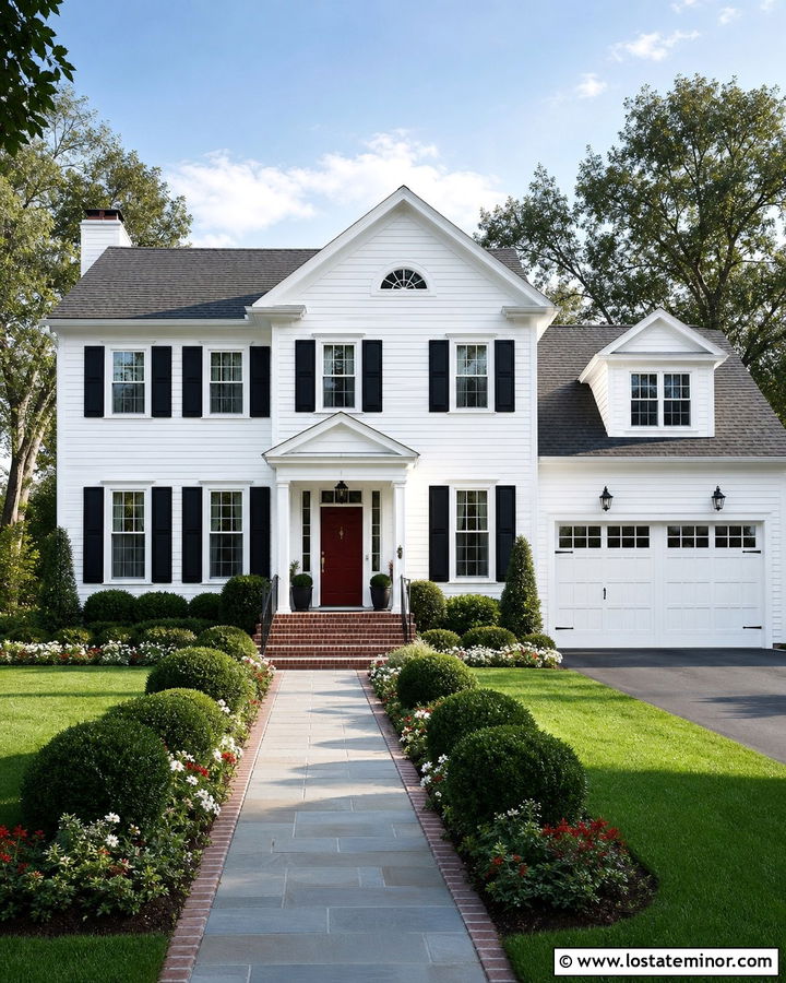 White Siding With Black Shutters And A Red Door - 30 White House Design With Siding Ideas