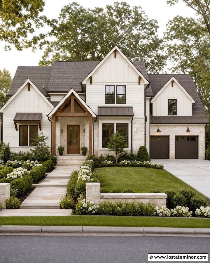 White Siding With Bronze Windows - 30 White House Design With Siding Ideas