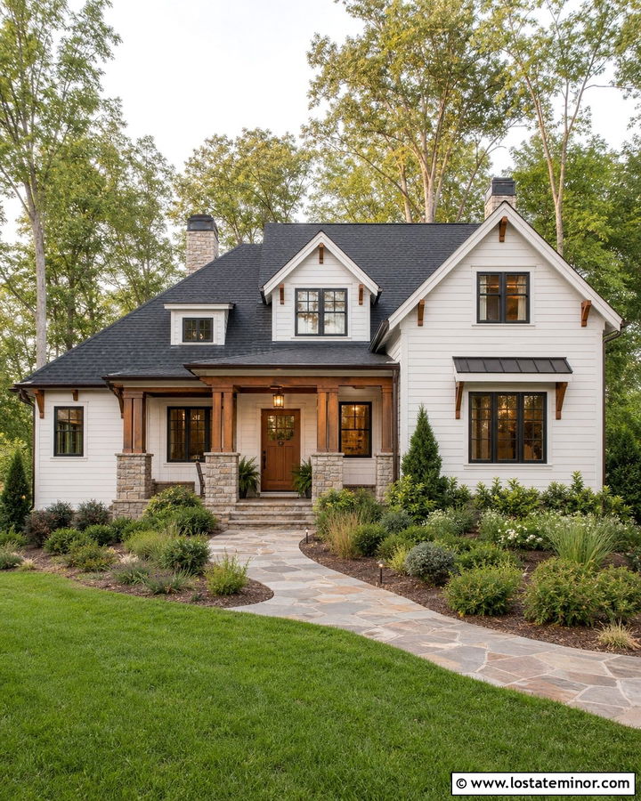 White Siding With Cedar Porch Accents - 30 White House Design With Siding Ideas
