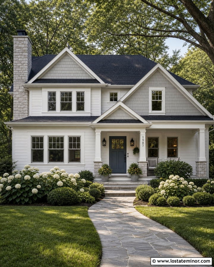 White Siding With Gray Shake Gables - 30 White House Design With Siding Ideas