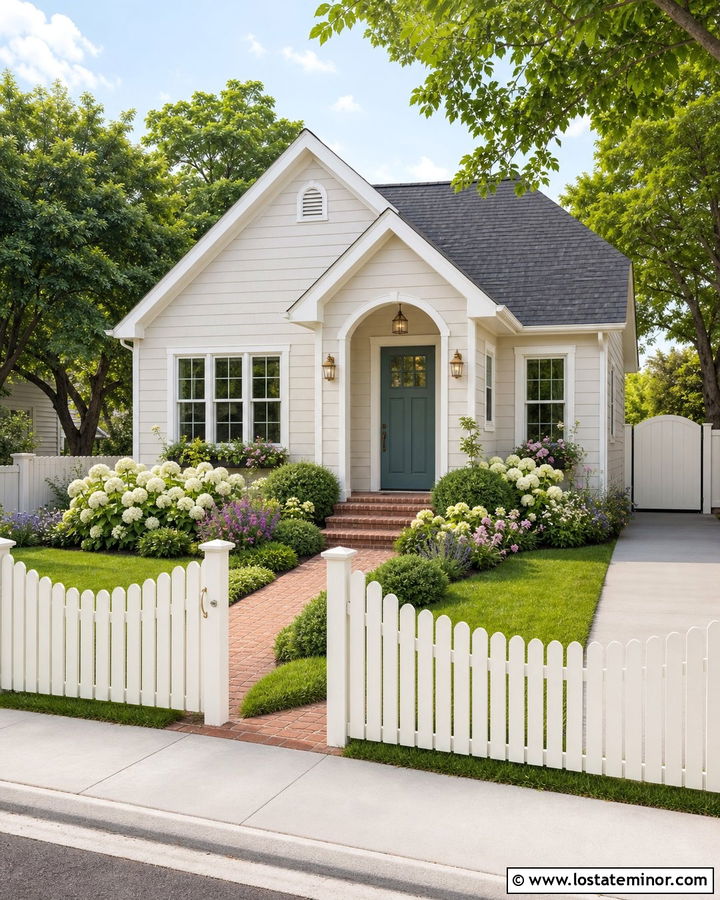 White Small House With Scalloped Fence - 30 White House Design With Fence Ideas