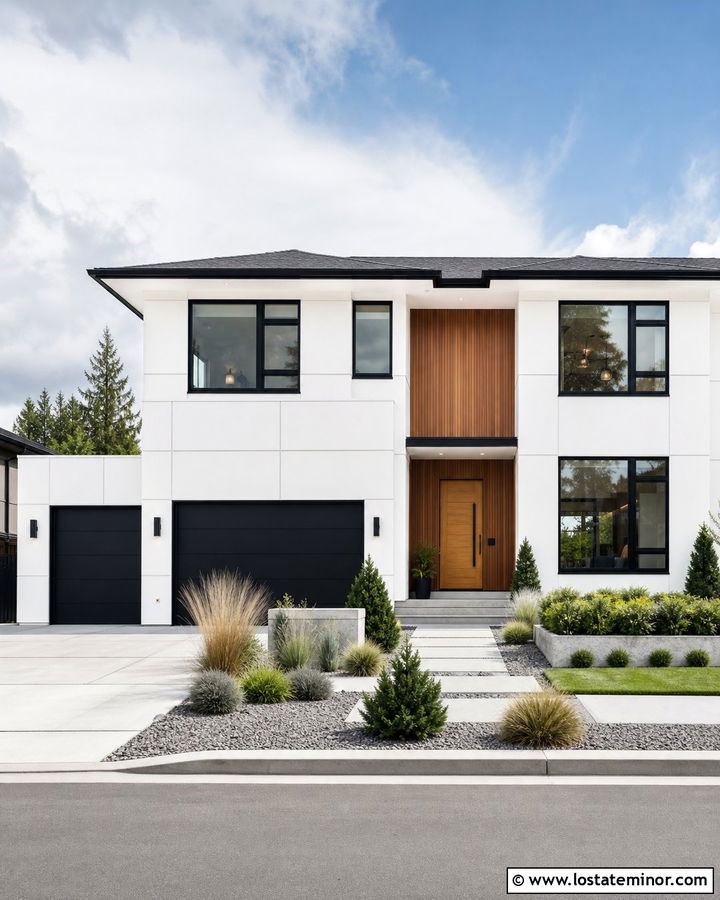 White Smooth Siding With Black Garage Doors - 30 White House Design With Siding Ideas