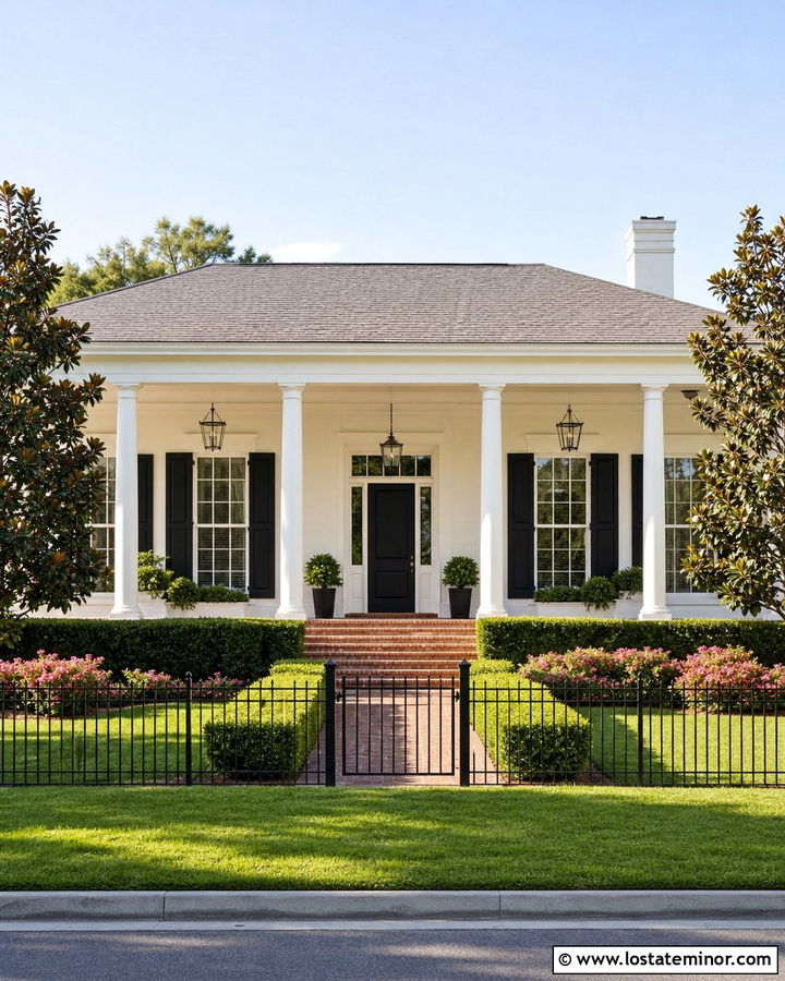 White Southern House With Black Aluminum Fence - 30 White House Design With Fence Ideas