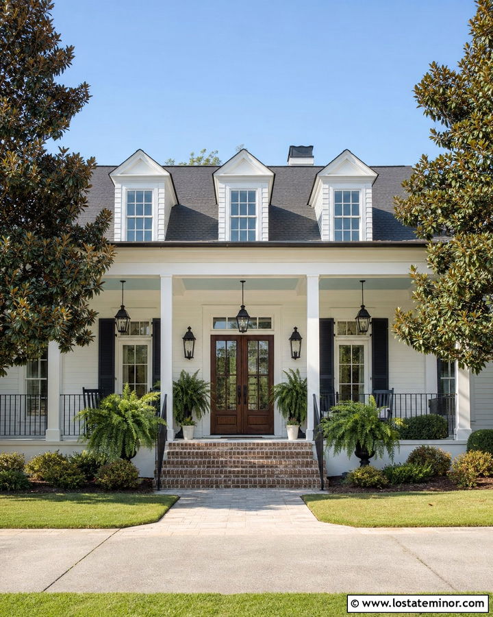 White Southern House With Oversized Lanterns - 30 White House Design With Light Fixtures Ideas