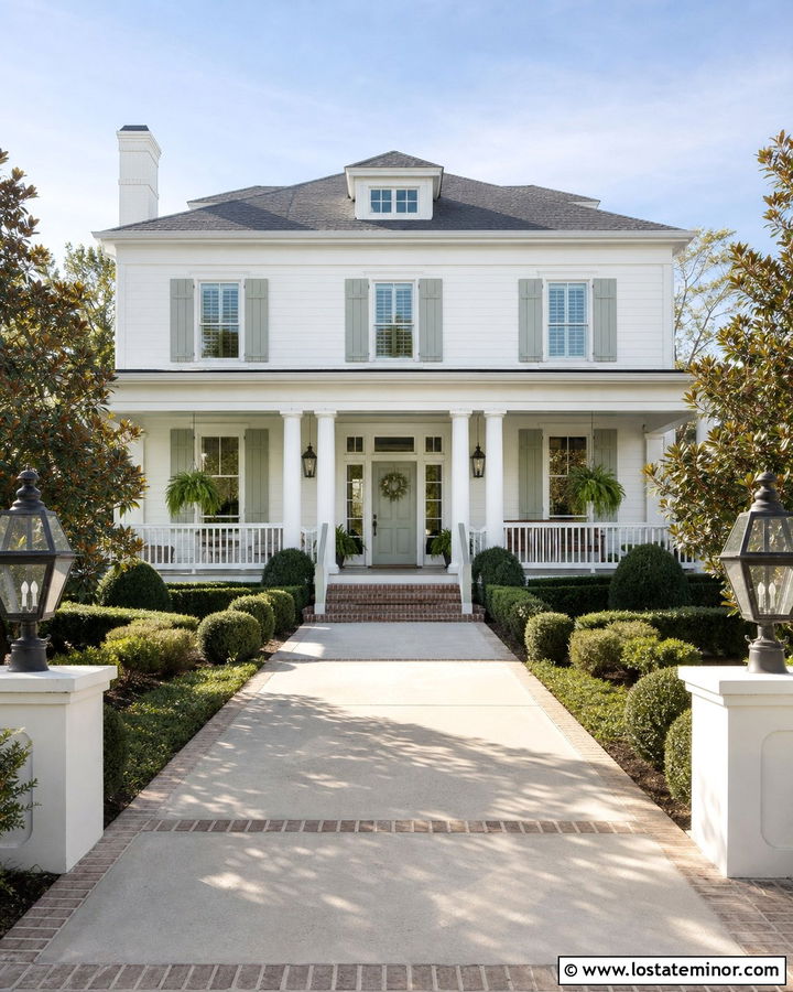 White Southern House With Pale Green Trim - 30 White House Design With Trim Ideas
