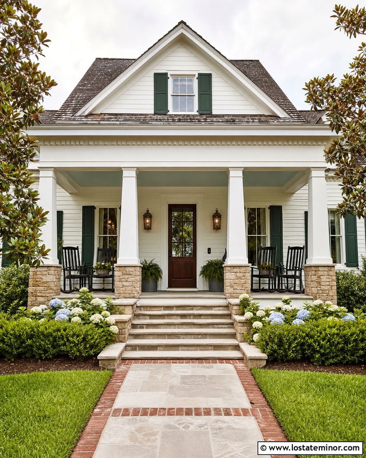 White Southern House With Stone Veranda - 30 White House Design With Stone Accents Ideas