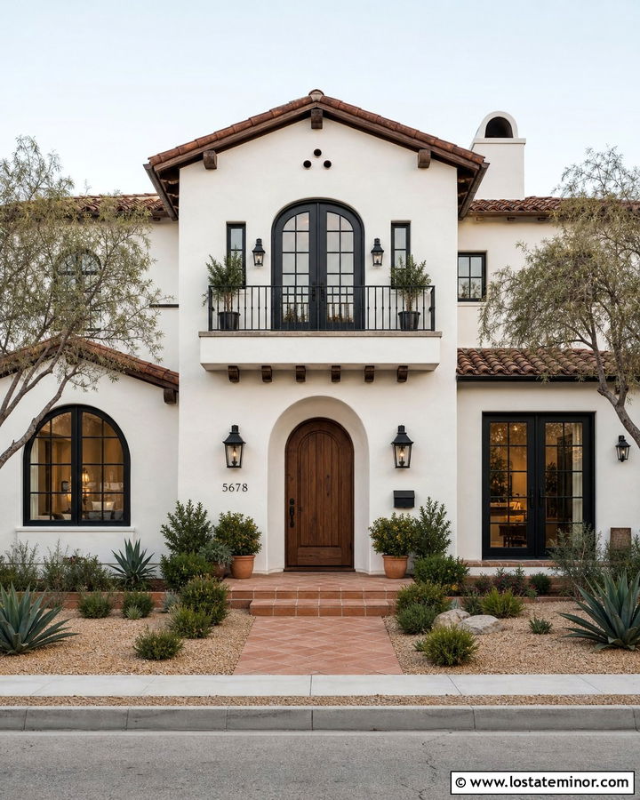 White Spanish House With Black Arched Window Frames - 30 White House Design With Window Frames Ideas