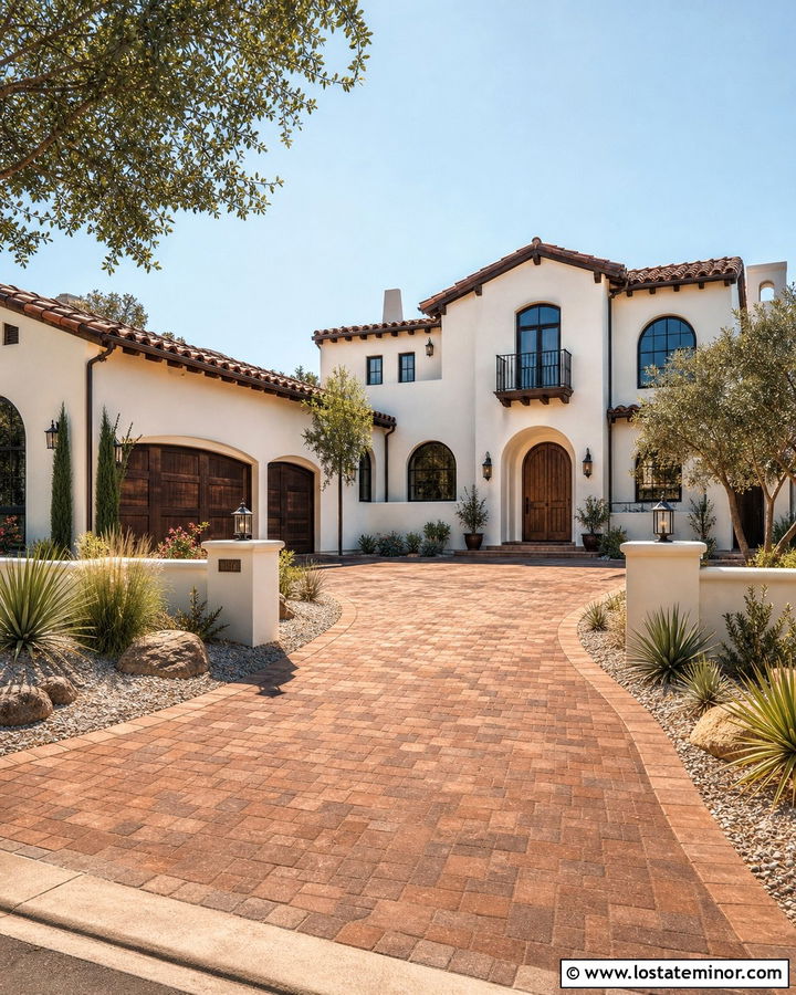 White Spanish House With Terracotta Paver Driveway - 30 White House Design With Driveway Ideas