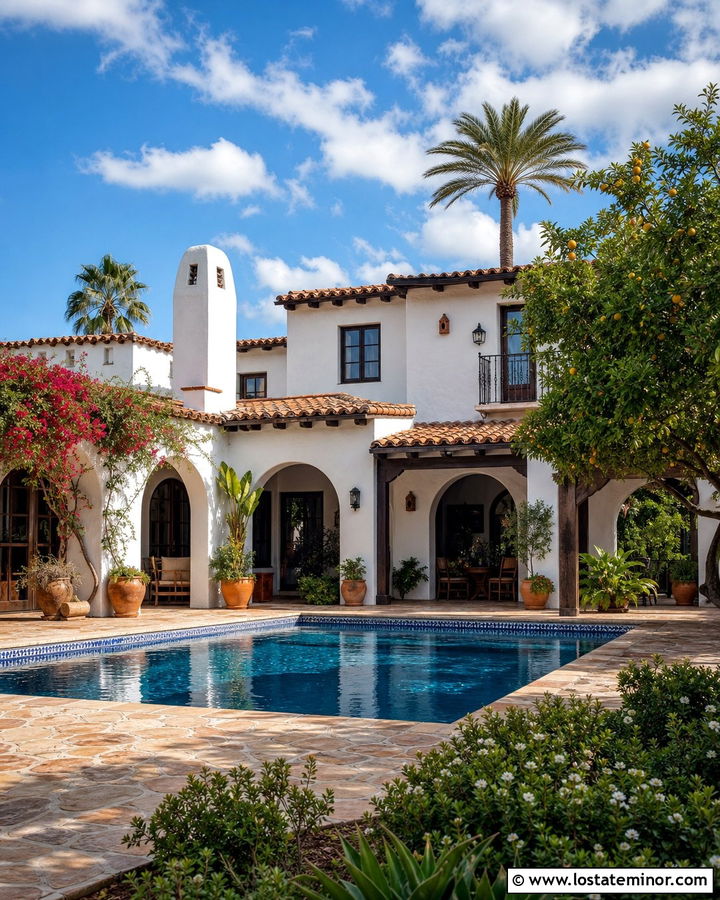 White Spanish House With Tiled Swimming Pool - 30 White House Design With Swimming Pool Ideas
