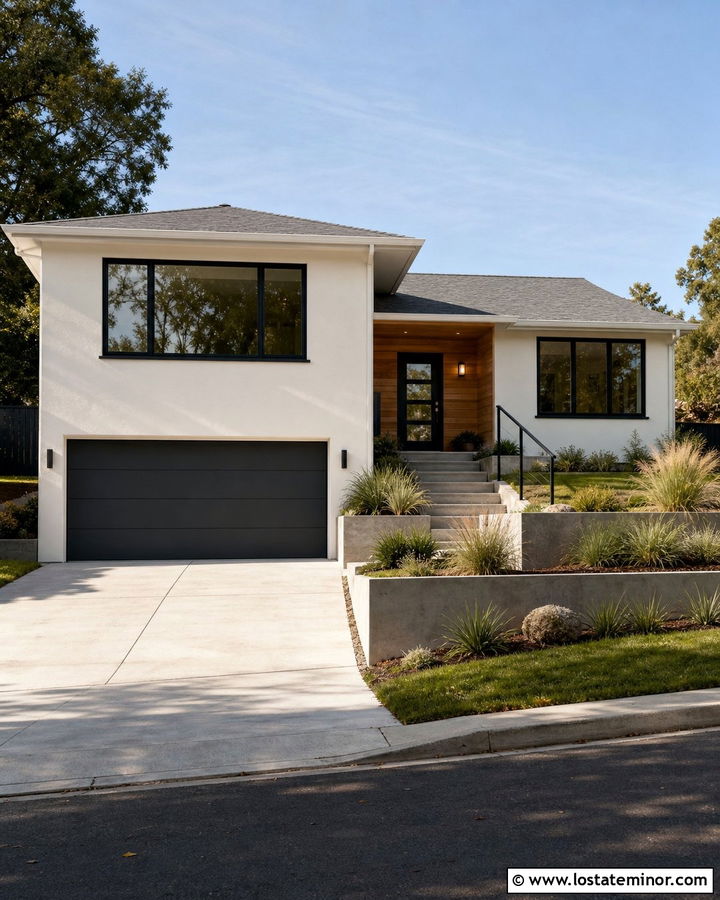 White Split Level House With Charcoal Garage Door - 30 White House Design With Garage Door Ideas