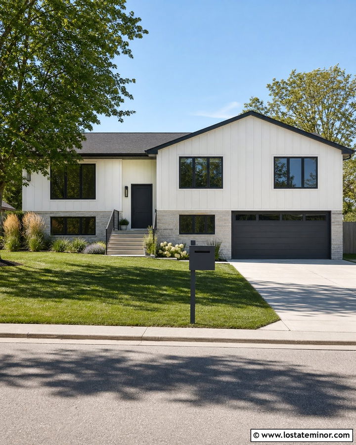 White Split Level House With Charcoal Mailbox - 30 White House Design With Mailbox Ideas