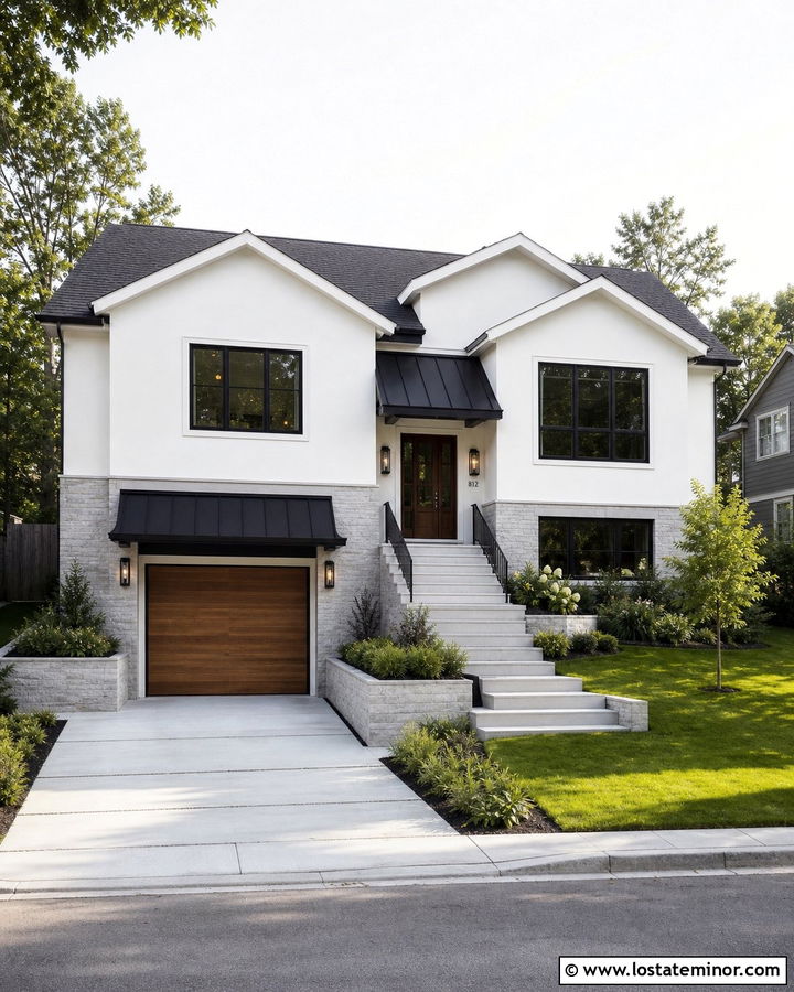 White Split Level House With Garage Awning - 30 White House Design With Awning Ideas