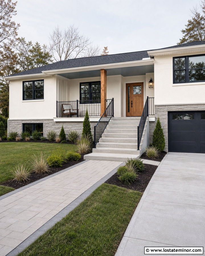White Split Level House With Gray Blue Porch Ceiling - 30 White House Design With Porch Ceiling Ideas