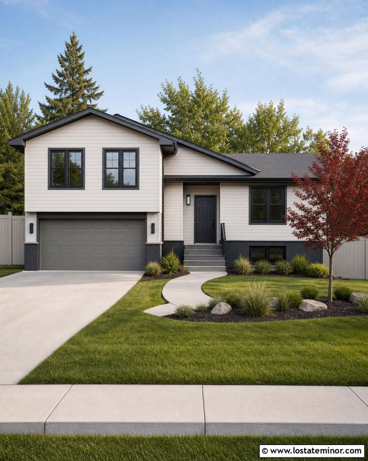 White Split Level House With Gray Vinyl Fence - 30 White House Design With Fence Ideas
