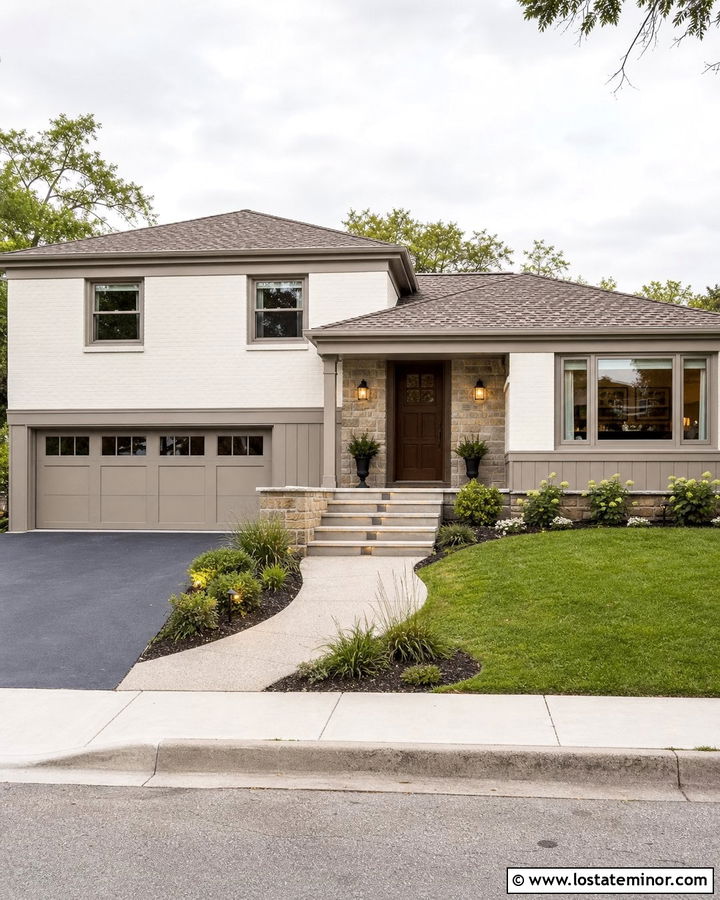 White Split Level House With Greige Trim - 30 White House Design With Trim Ideas