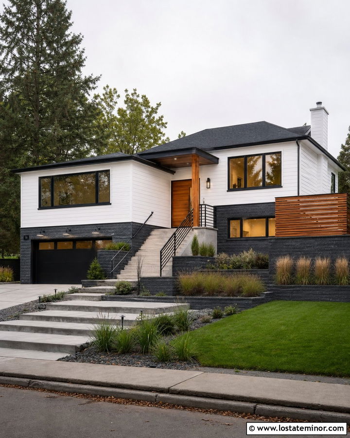 White Split Level House With Ledgestone Wainscoting - 30 White House Design With Wainscoting Ideas