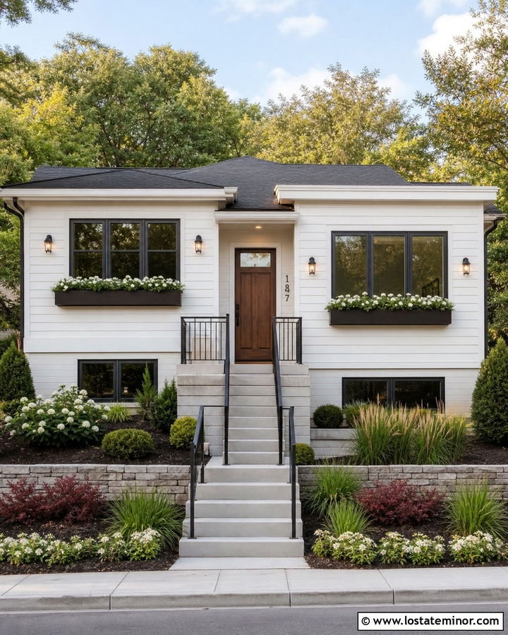 White Split Level House With Matching Window Boxes - 30 White House Design With Window Boxes Ideas