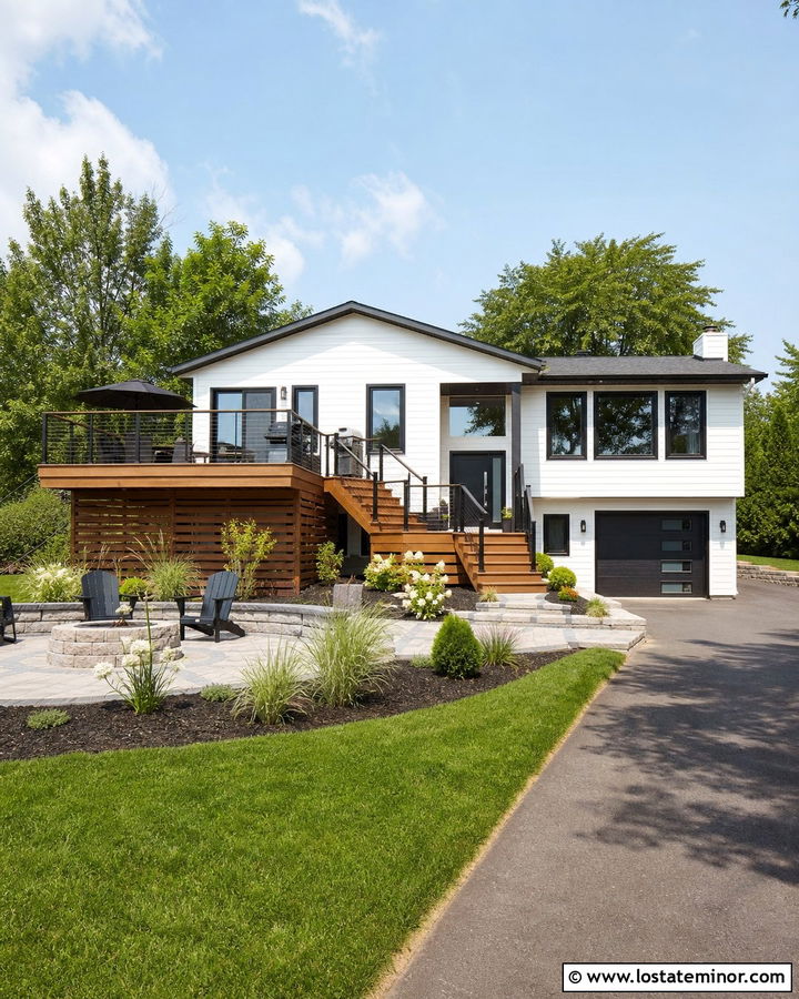 White Split Level House With Multilevel Deck - 30 White House Design With Deck Ideas