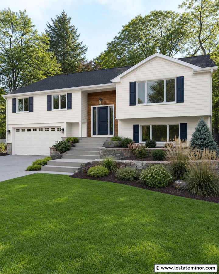 White Split Level House With Navy Shutters - 30 White House Design With Shutters Ideas