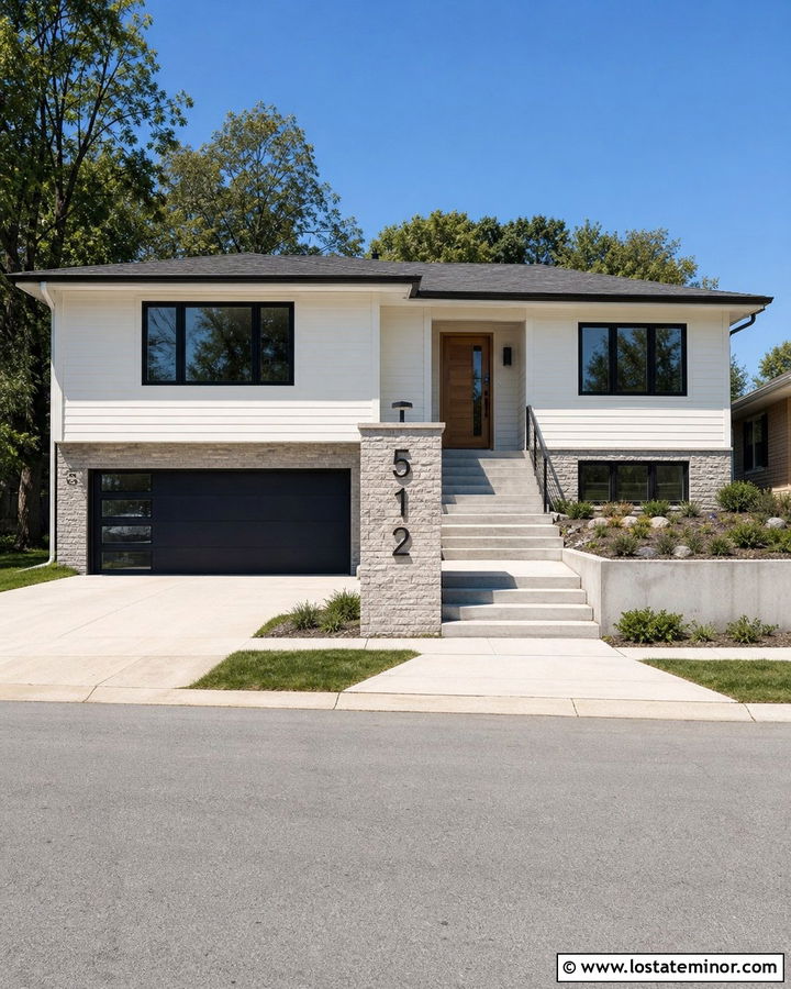 White Split Level House With Numbers On A Stone Pier - 30 White House Design With House Numbers Ideas